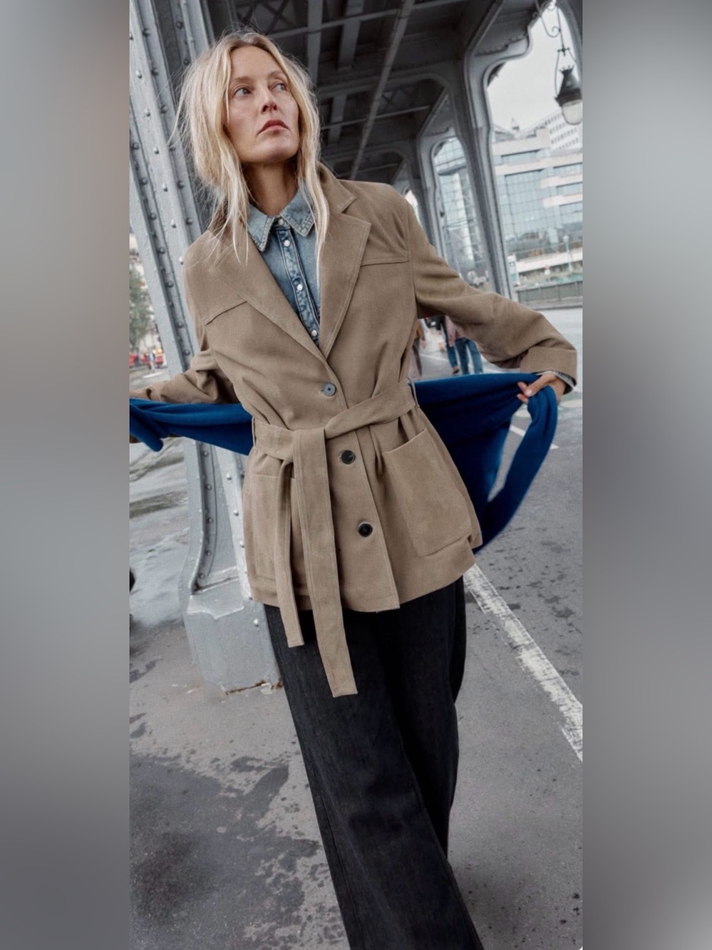 Zara Premium 100% Genuine Goat Leather Belted Jacket Stone Large BNWT